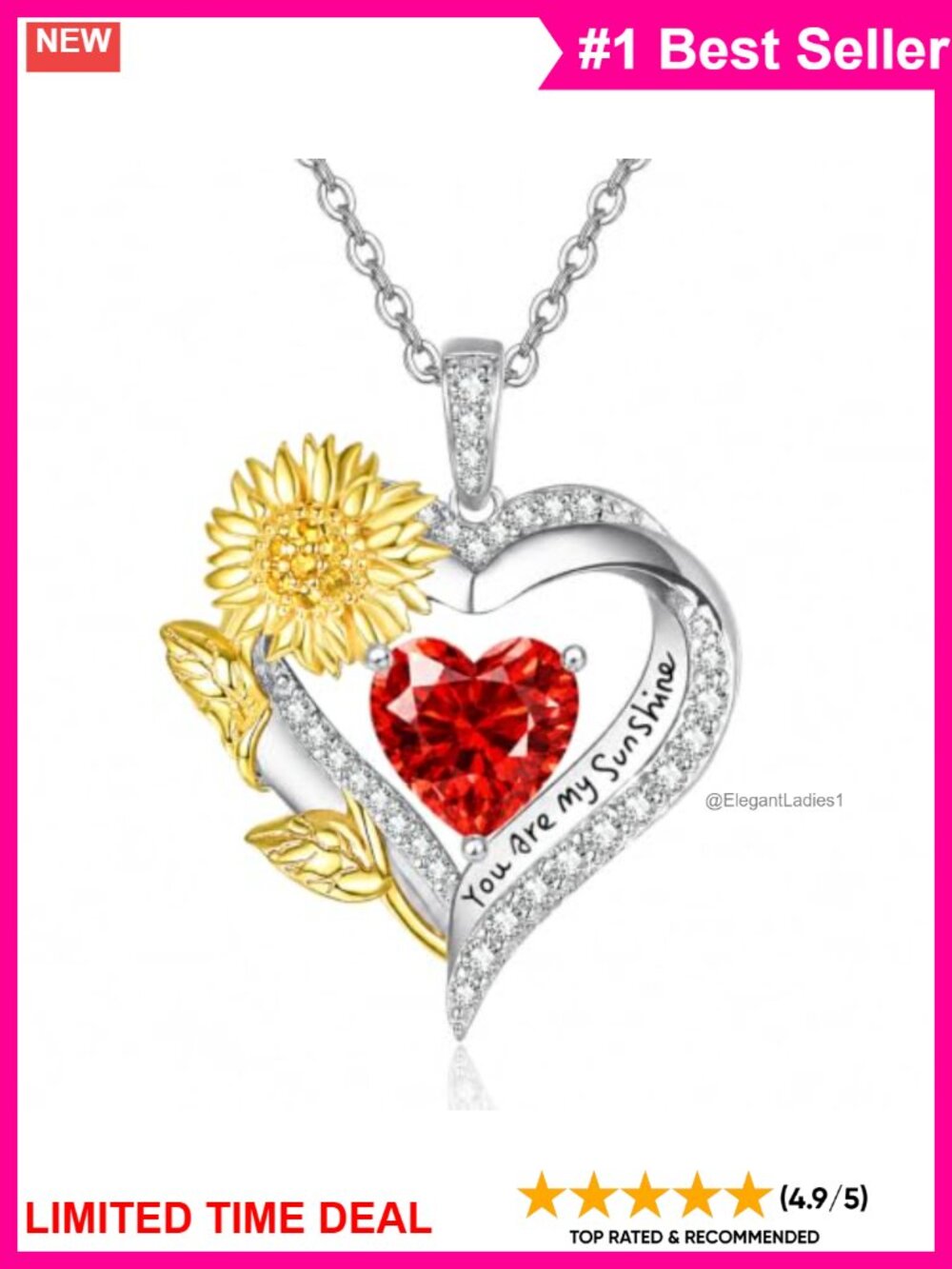 Sterling Silver Sunflower Heart Necklace You Are My Sunshine Garnet Pendant